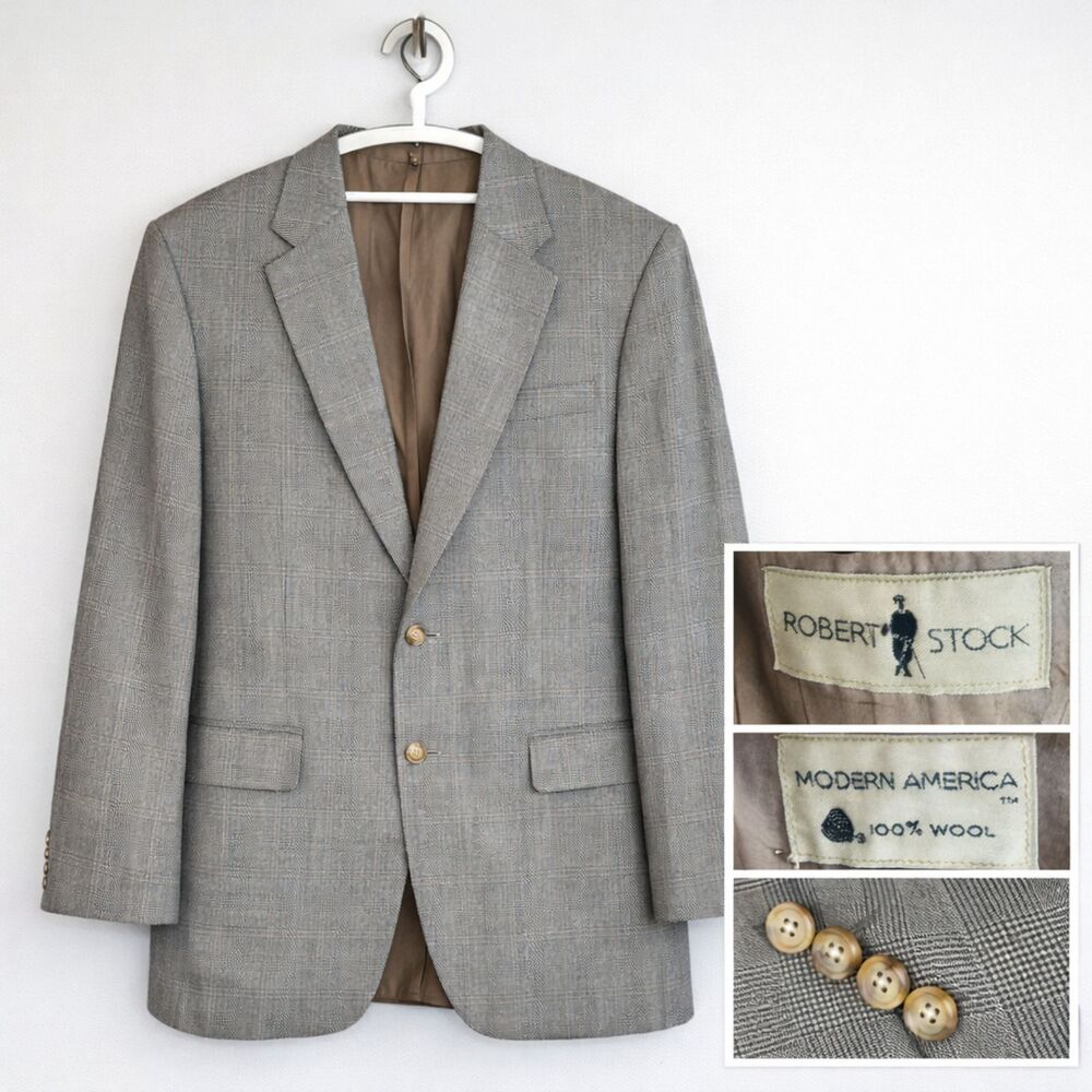 Vintage Robert Stock Wool Glen Plaid Sport Coat Blazer USA Classic Mens Preppy